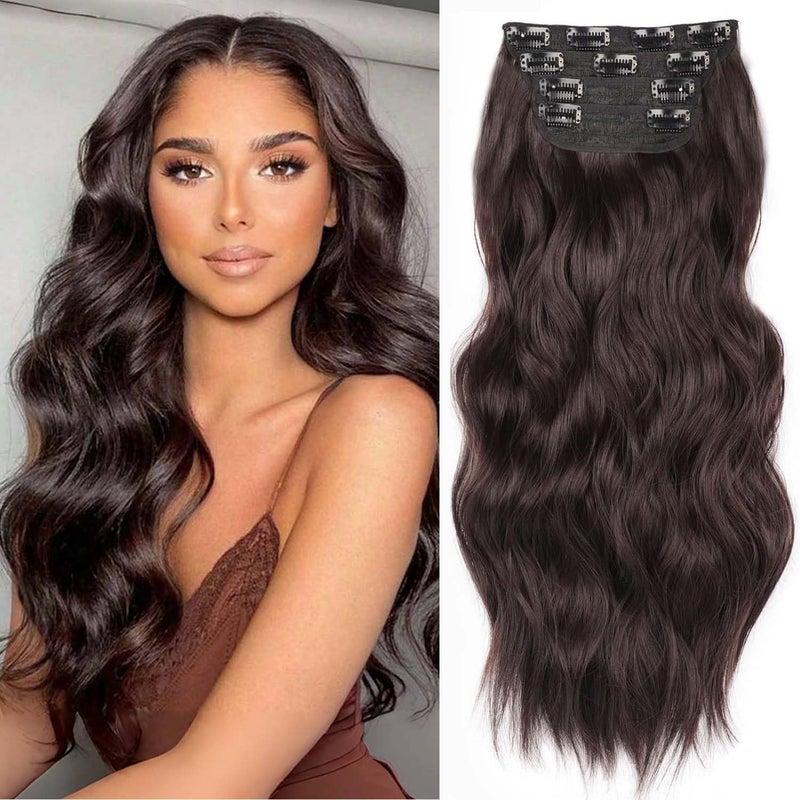 Clip in Hair Extensions Long Wavy Synthetic Hair 20 Inch Dark Brown Hair Extension Clip ins 4 Pcs Thick Hairpieces for Women Double Weft Natural Hair Extensions 20INCH 6A
